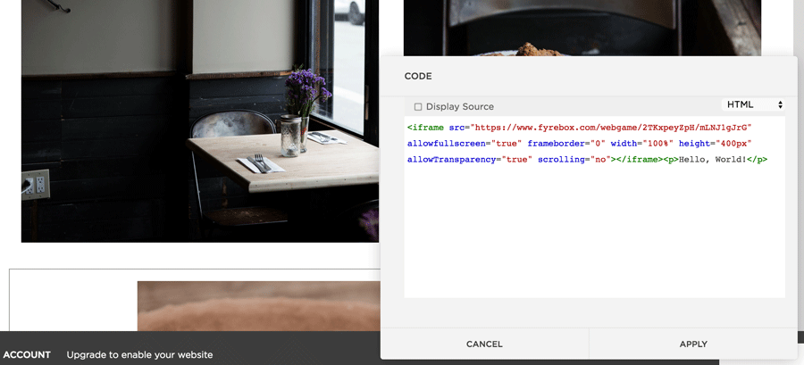 paste embed code Fyrebox squarespace 