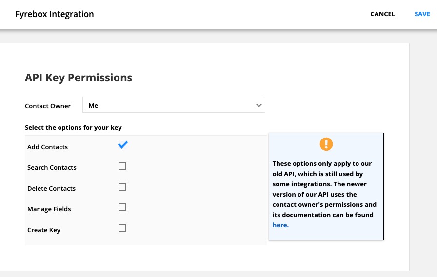 Ontraport <span translate="no">API</span> key permissions